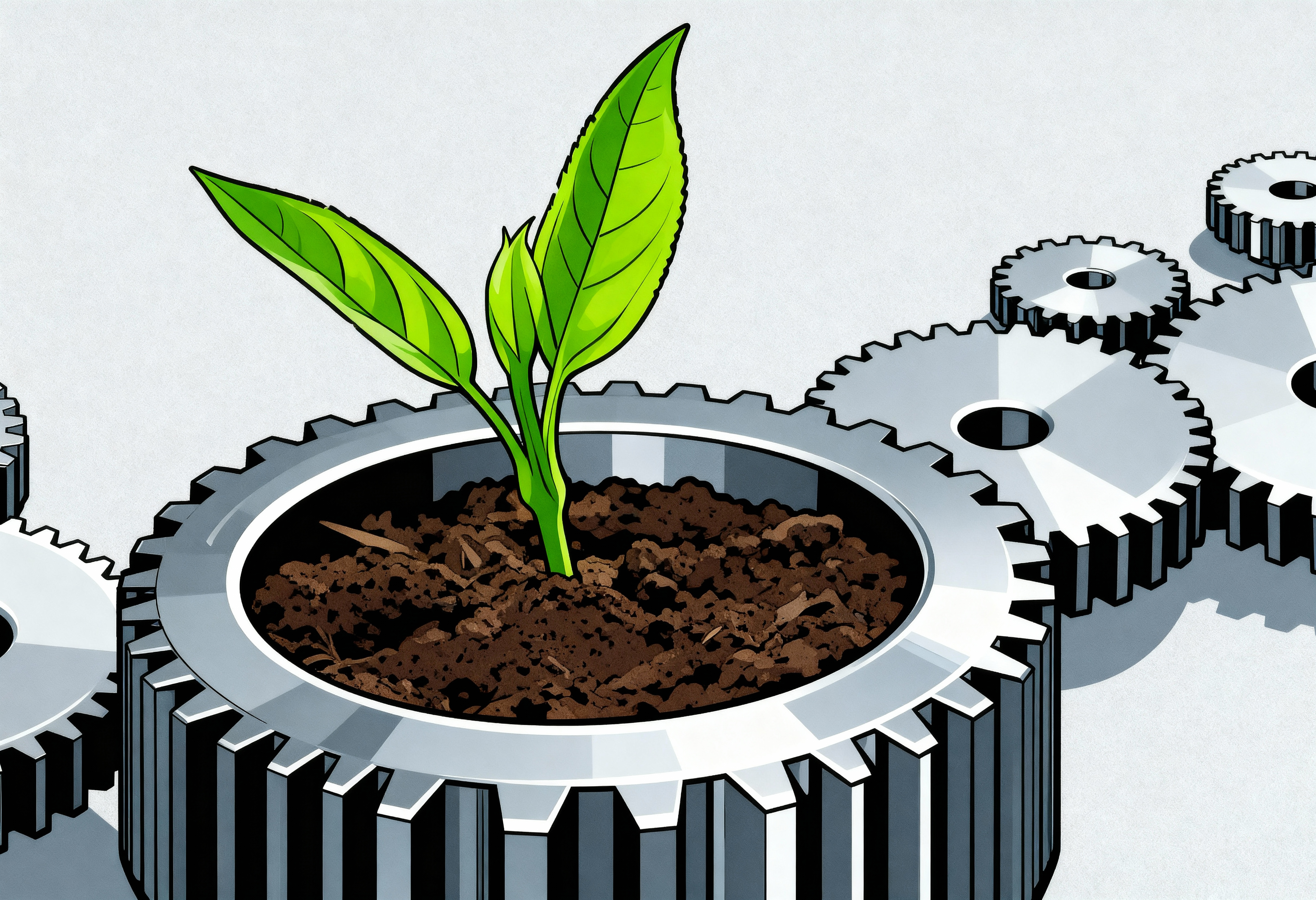 A young plant is growing out of a gear.