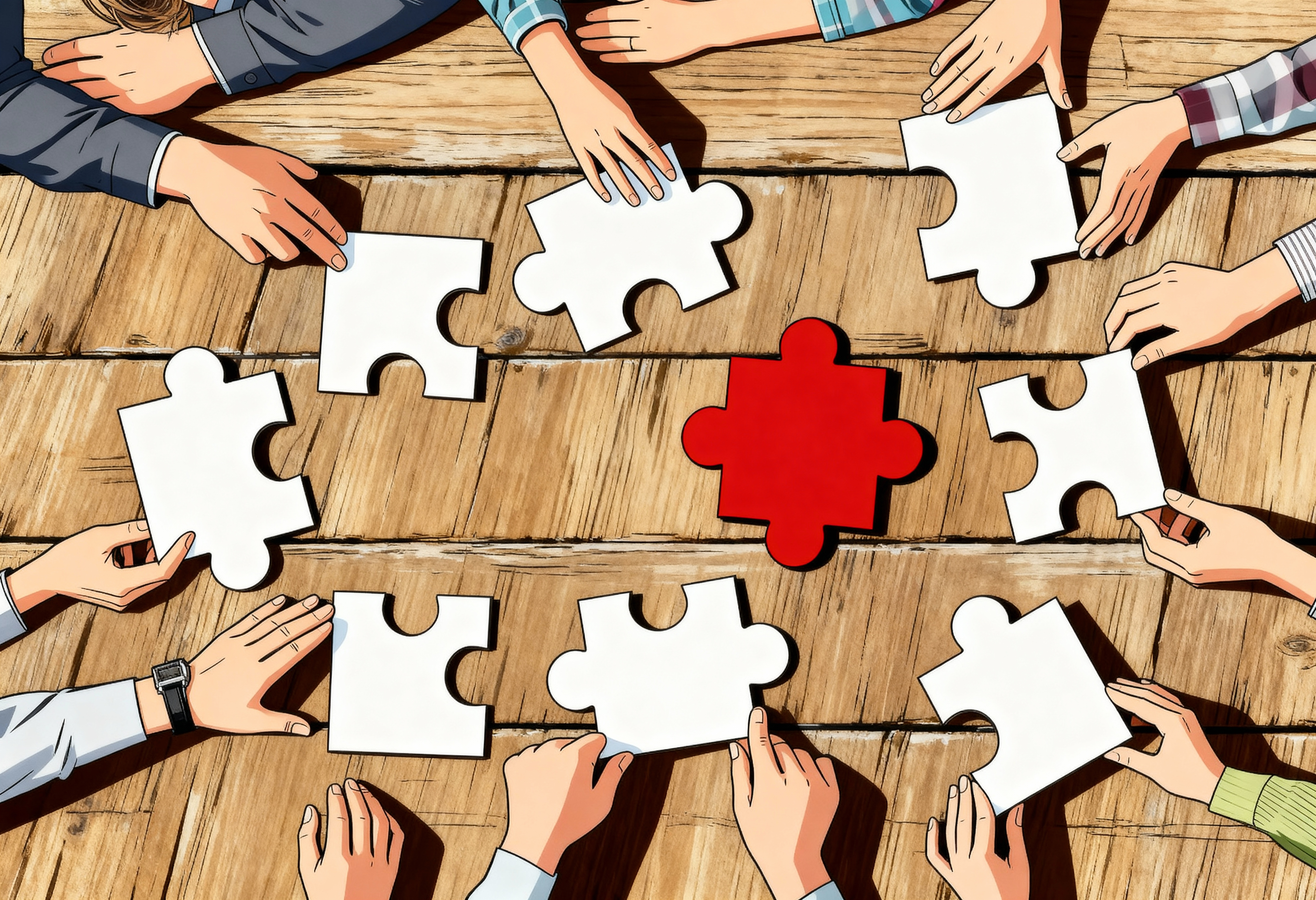 Hands assembling puzzle pieces on a table.